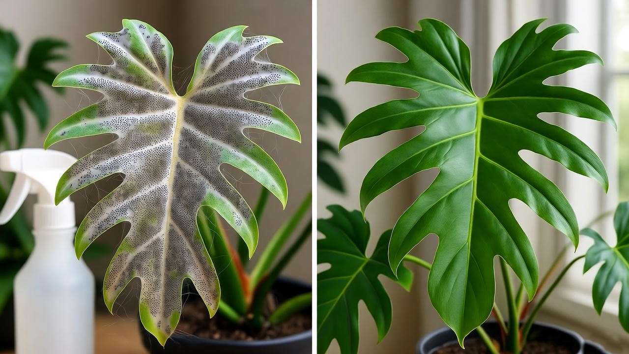 "Before and after pest control on Philodendron, fixing big leaf plant care issues." 