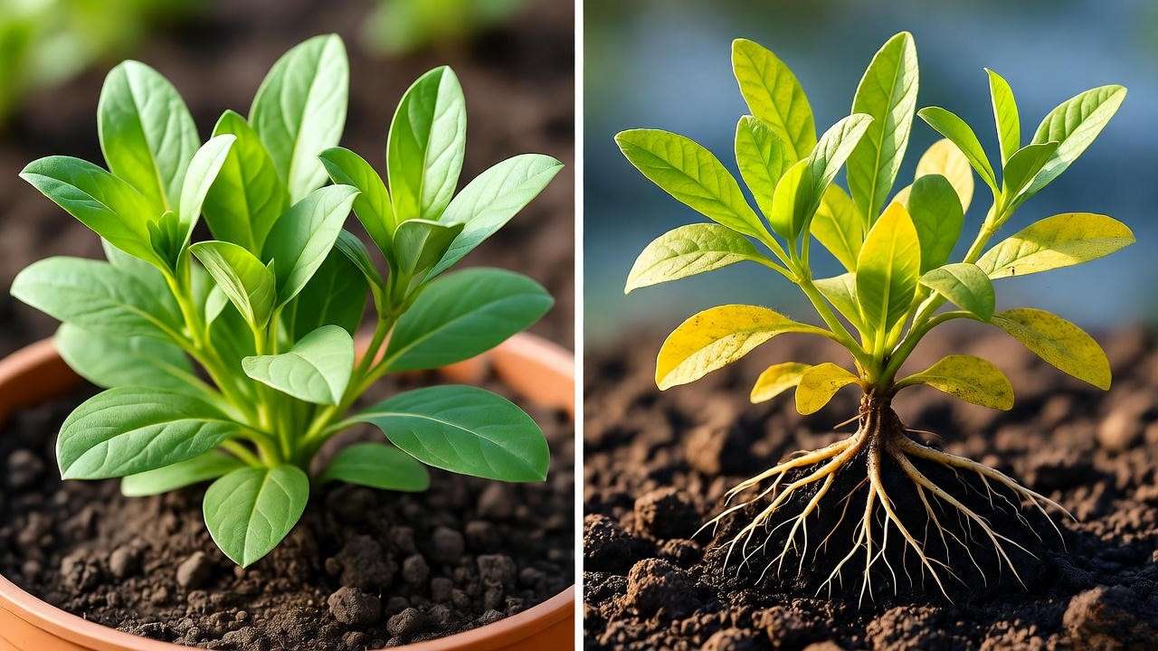 Visual contrast between a healthy Texas Betony plant and one suffering from root rot due to overwatering.