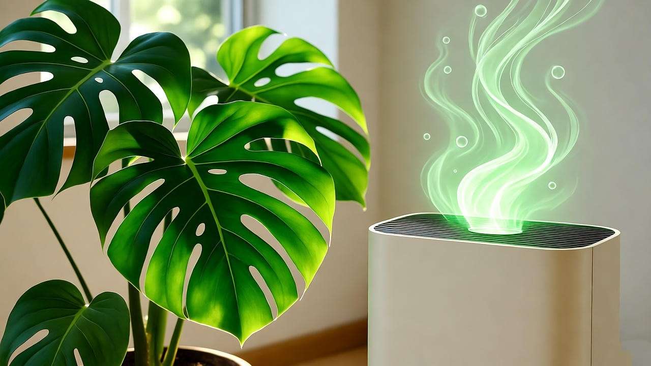 Monstera deliciosa purifying indoor air with large green leaves in a sunlit room, big leaf plant care benefits