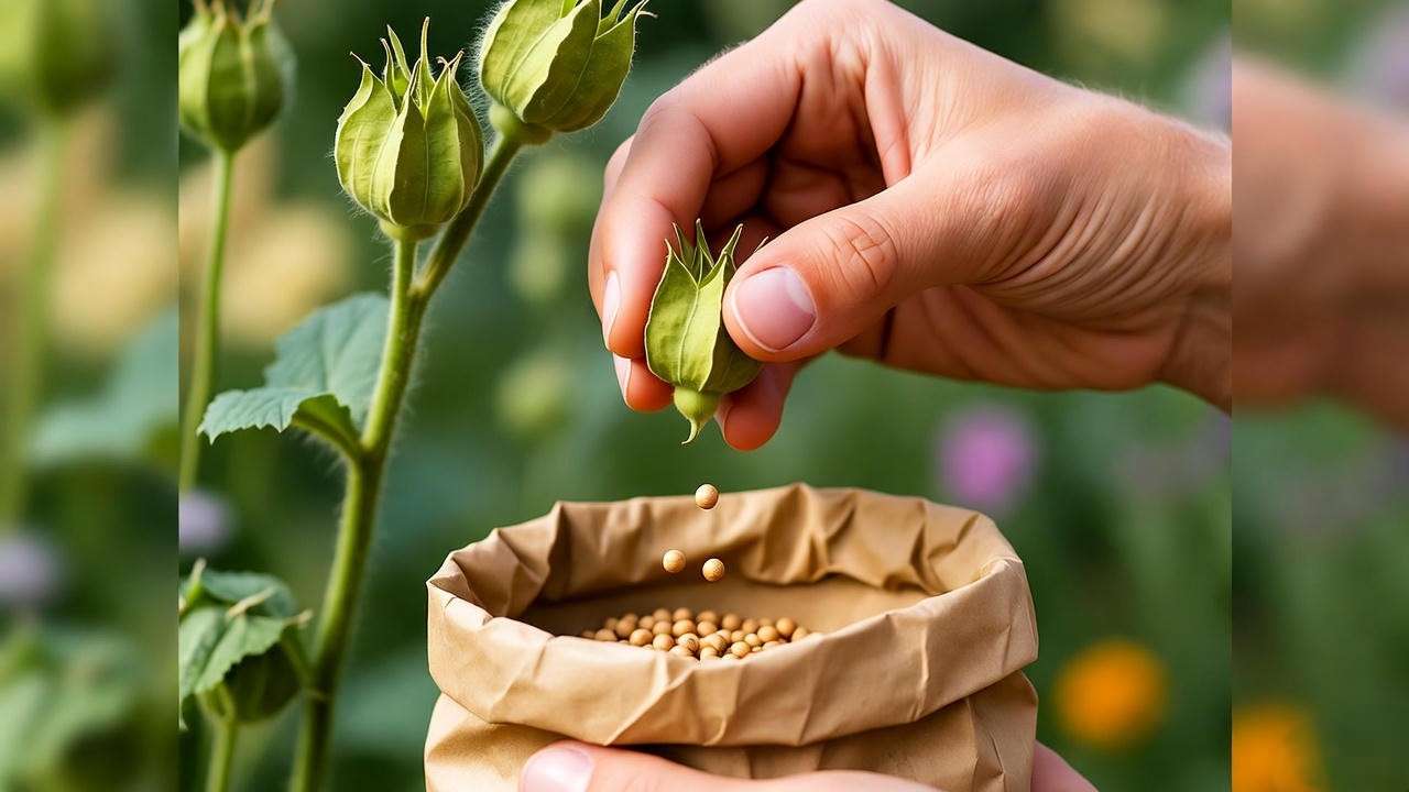 Hands extracting hollyhock seeds from pod over paper bag"