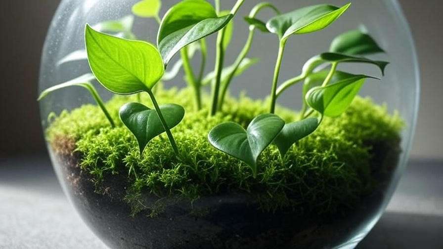 Close-up of Pothos terrarium plants with heart-shaped green leaves and moss in a glass container."