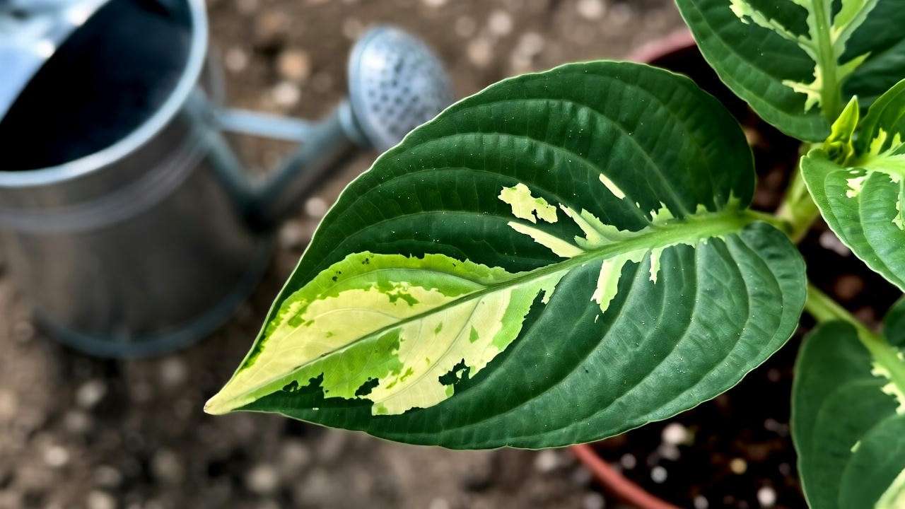 Close-up of Dieffenbachia leaf with yellowing and healthy leaves, with watering can and soil for care tips".