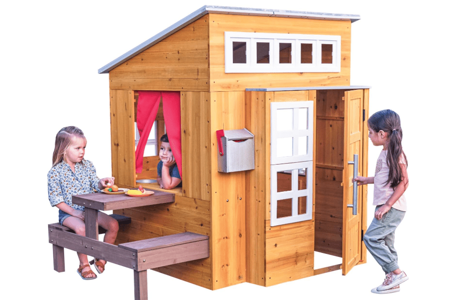 
KidKraft Modern Outdoor Wooden Playhouse with Picnic Table, Mailbox and Outdoor Grill ,Gift for Ages 