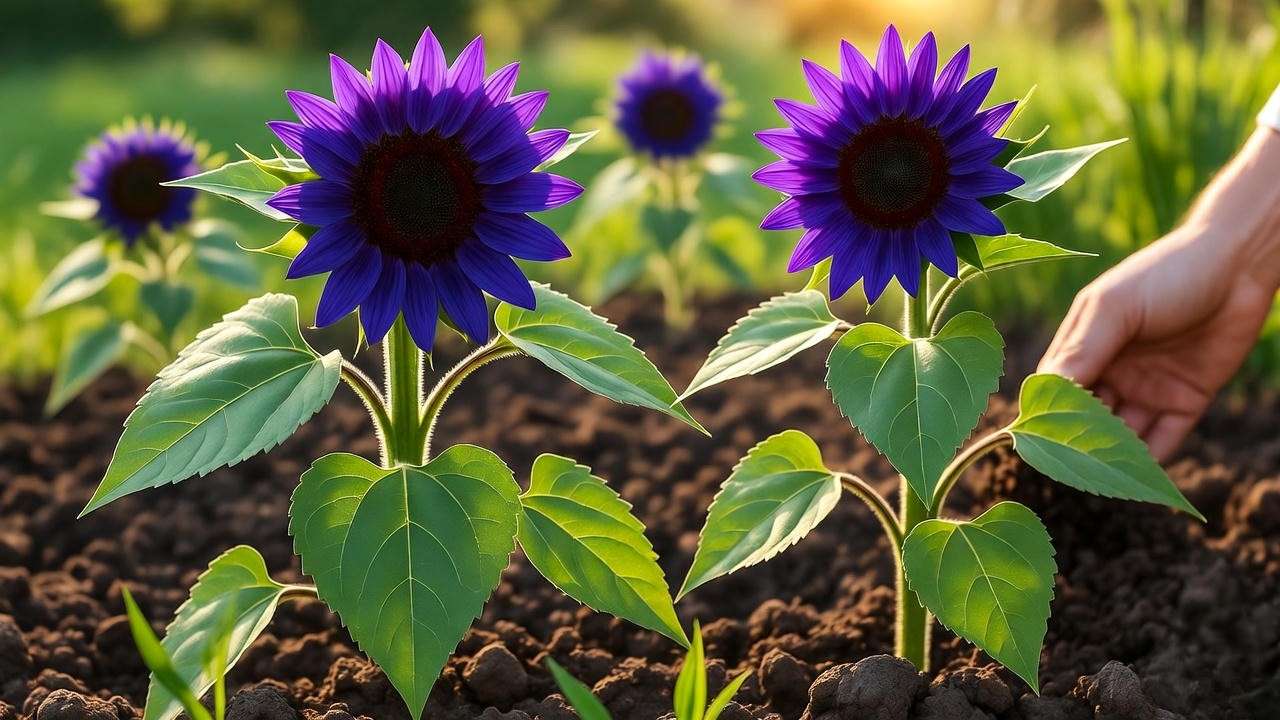 "Close-up of purple sunflower plants in prepared soil with gardener adding compost."