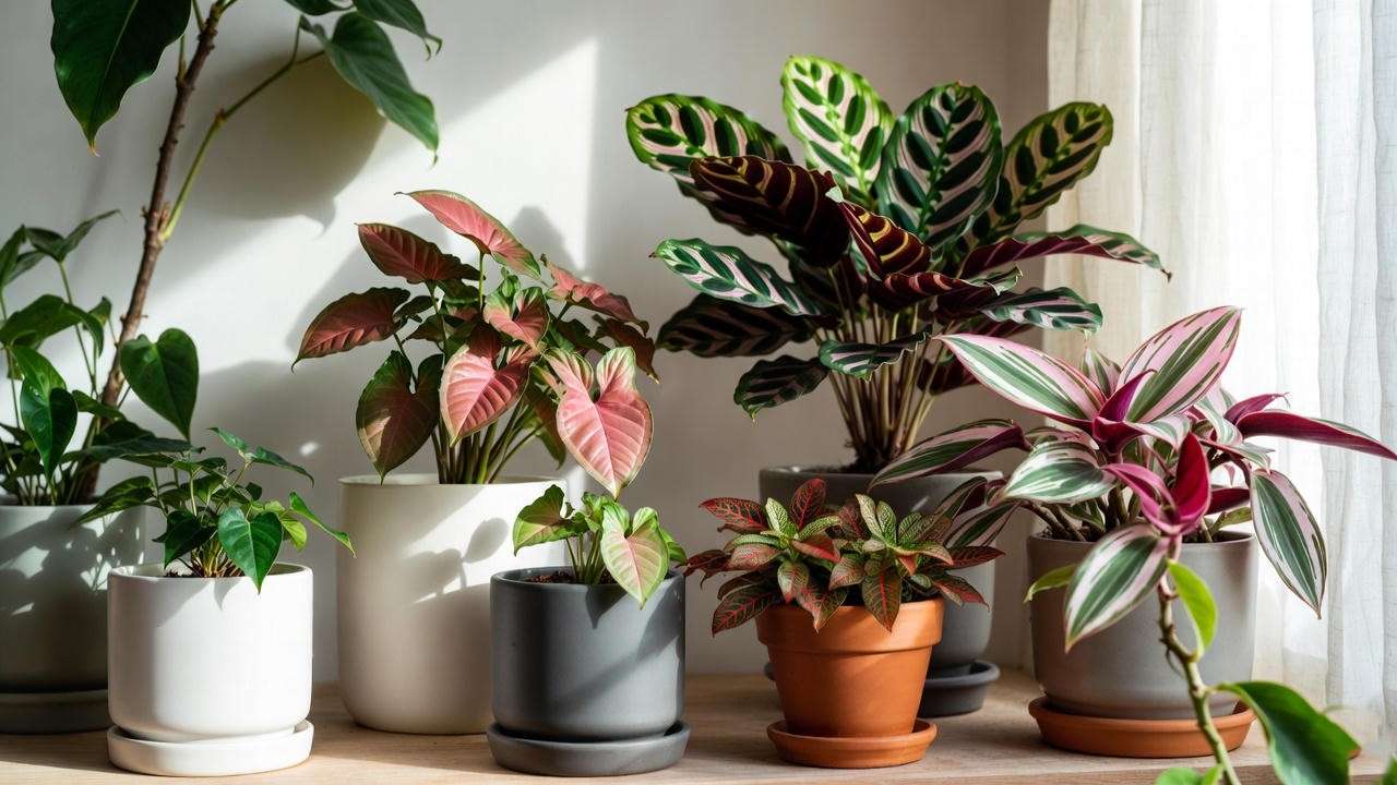 Close-up of vibrant coloured indoor plants, including Pink Syngonium, Calathea Rattlesnake, Fittonia, and Tradescantia Nanouk, in ceramic pots on a wooden shelf.