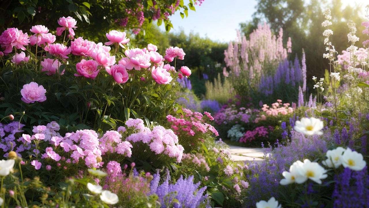 Vibrant garden border with pink perennial plants like peonies and phlox in a cottage-style layout.