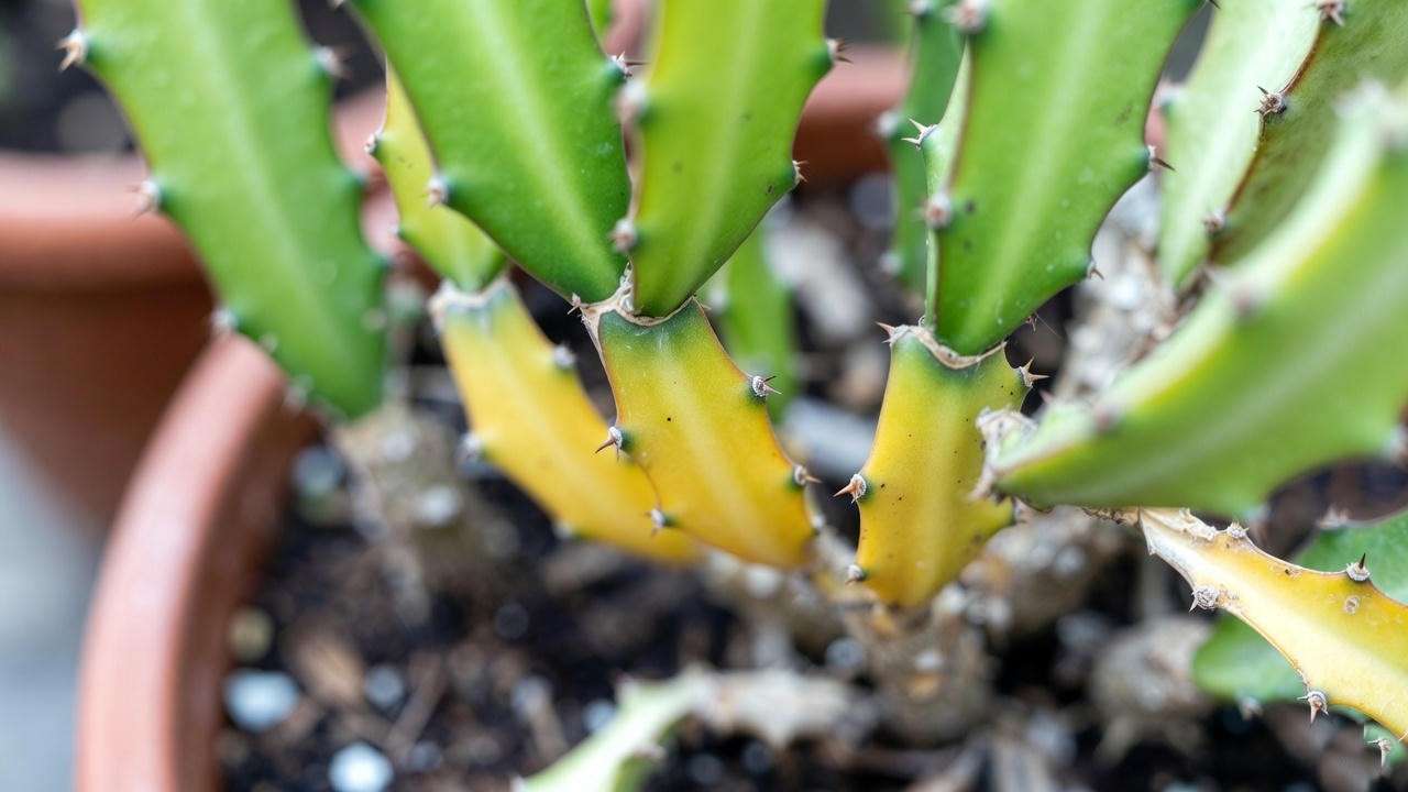 Close-up of dragon fruit plant with yellow leaves and healthy green stems, highlighting stress symptoms in a natural setting.