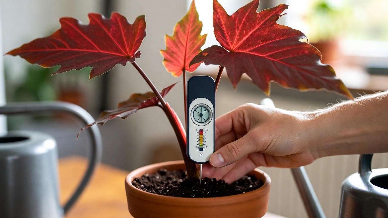 "Step-by-step watering of a red dragon plant with moisture meter and watering can."
