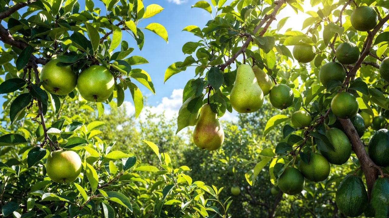 Vibrant orchard with green fruit trees including apple, pear, lime, and avocado, showcasing healthy foliage and fruits under a sunny sky.
