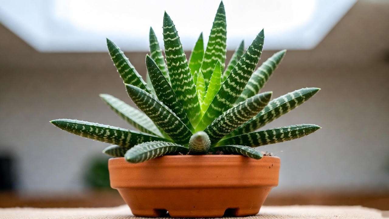 "Close-up of a starfish snake plant in a terracotta pot under bright indirect light"
