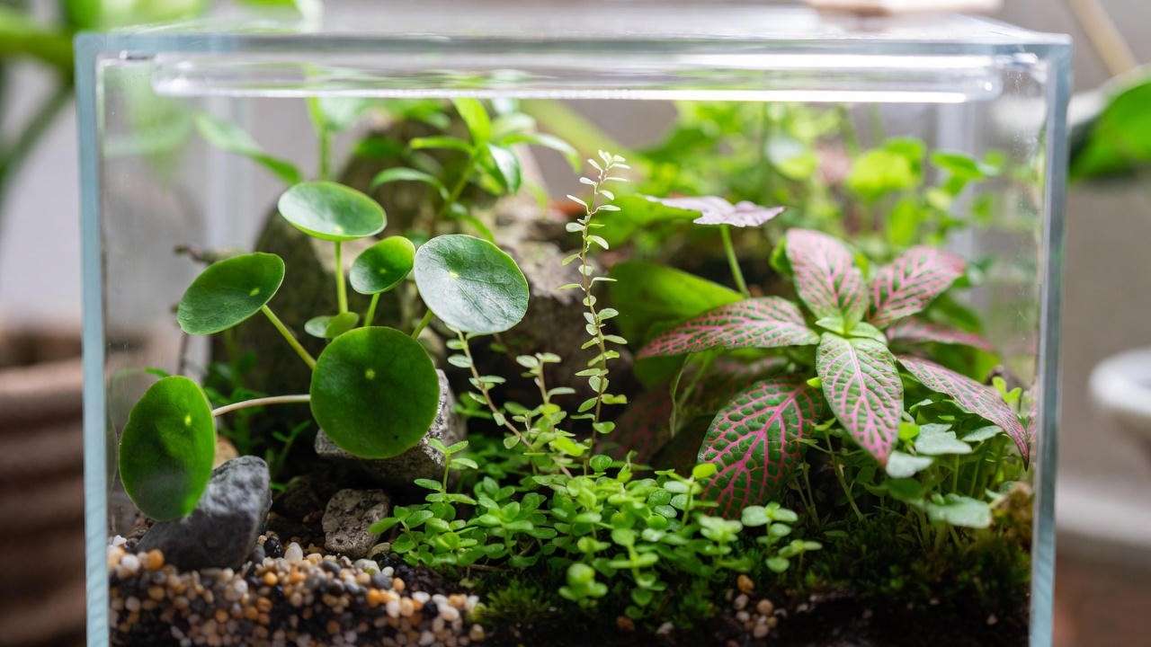 Close-up of a glass terrarium with small terrarium plants like Pilea glauca, Fittonia, and Dwarf Baby Tears, arranged with pebbles and moss.
