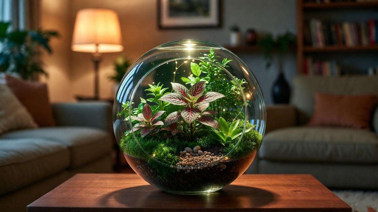 Glass sphere planter terrarium with fittonia and fairy lights on a wooden coffee table. 