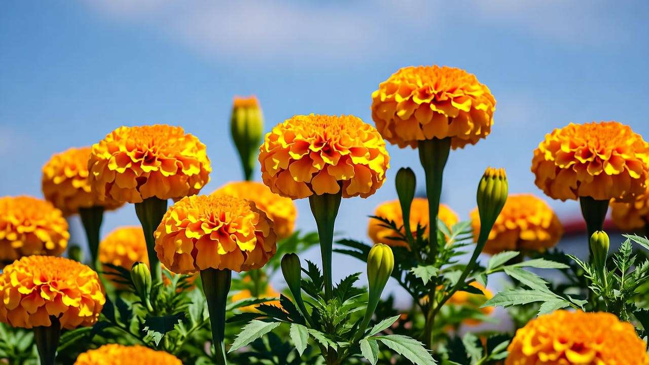 Close-up of bright orange marigold flowers in a garden border, showcasing vibrant blooms under sunlight.