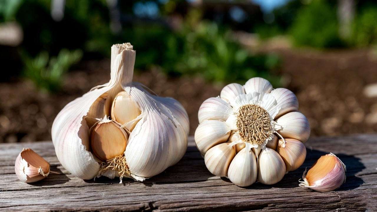 Close-up of hardneck and softneck garlic bulbs on a wooden surface, showcasing their distinct cloves and structures for planting fall garlic.
