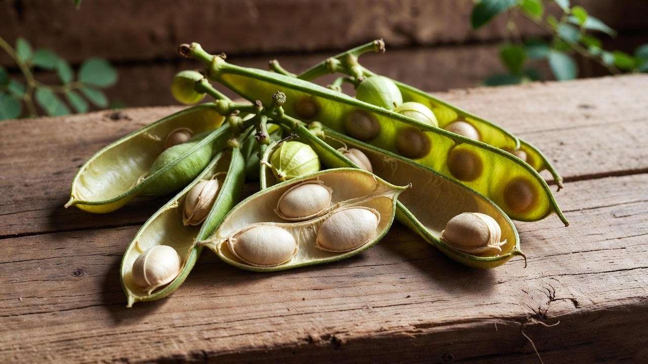 βClose-up photo of fresh moringa tree seeds in shells on a wooden surface.β
