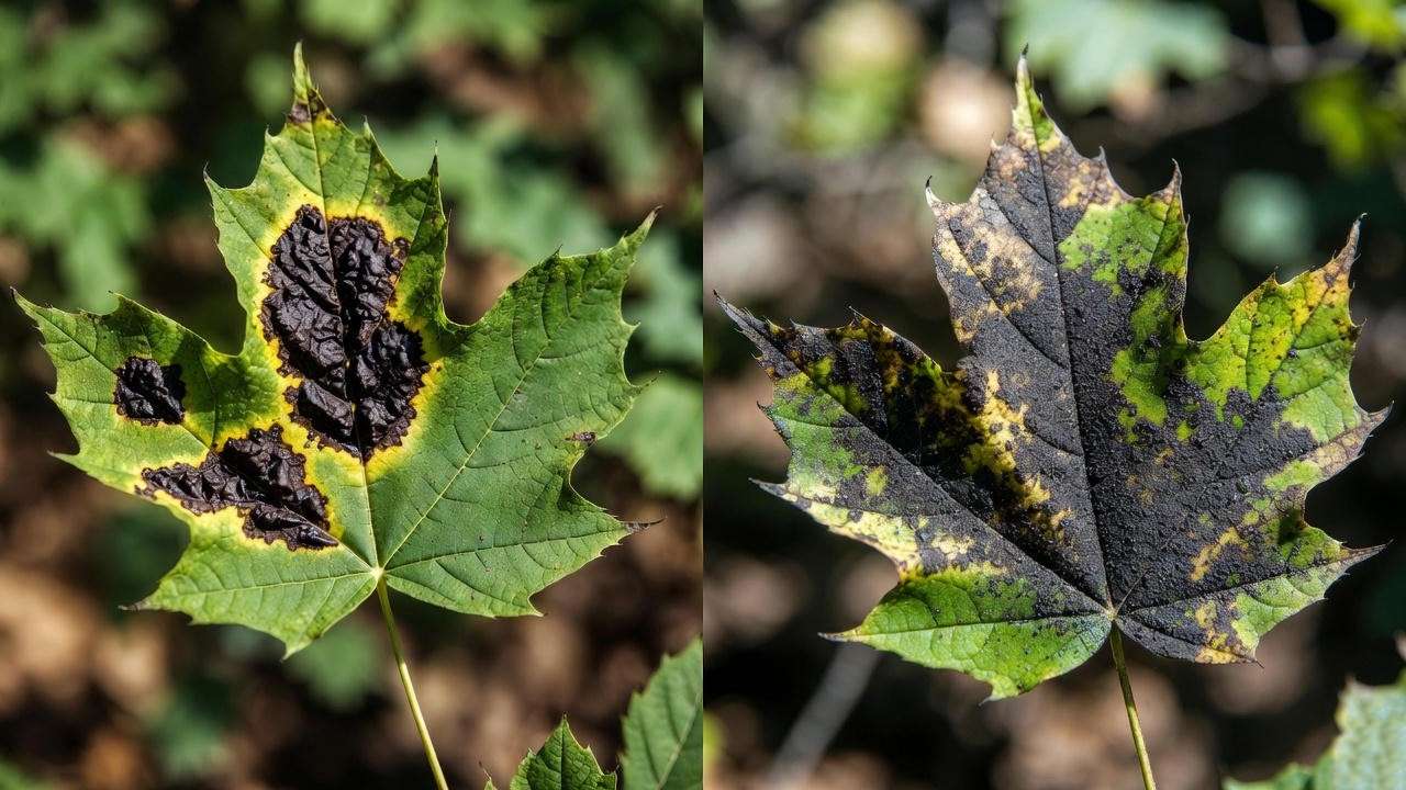 Macro view comparing true black spots on maple leaf tree caused by Tar Spot (raised and glossy) versus sooty mold (dusty film) for accurate diagnosis.