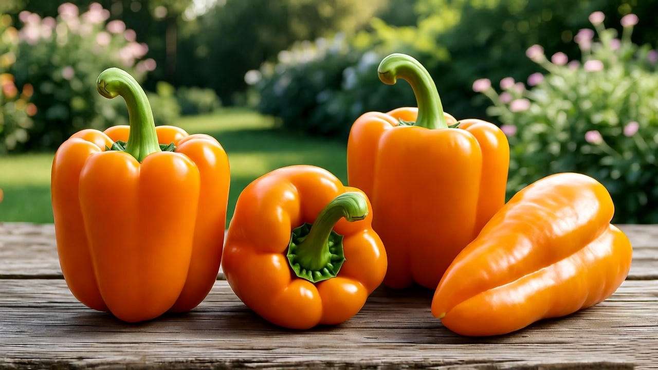 Close-up of vibrant orange bell pepper varieties on a wooden table in a sunny garden, highlighting their glossy texture and vivid color.