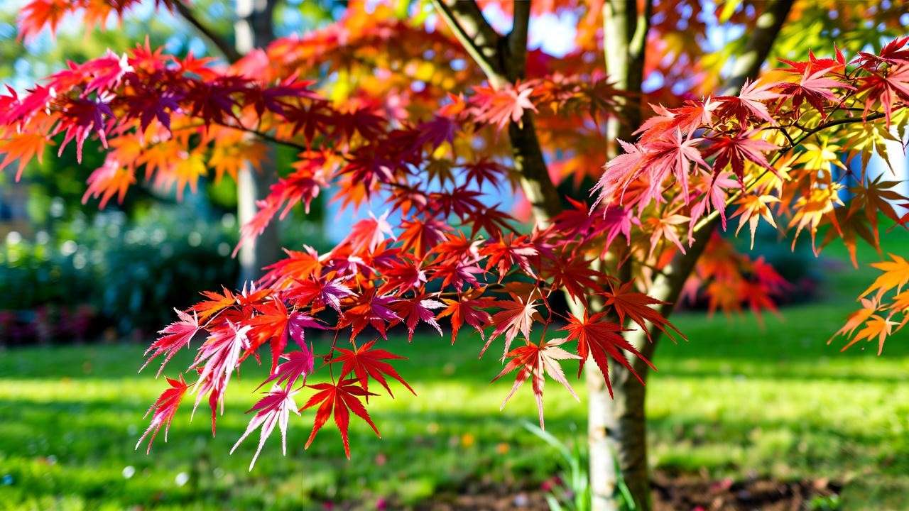 Vibrant Japanese maple tree with red and orange leaves in a garden, showcasing healthy foliage.