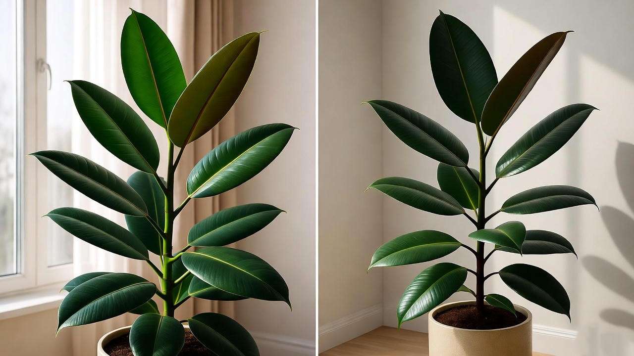 Split image showing an indoor rubber plant in bright indirect light versus low light, highlighting healthy versus faded leaves.