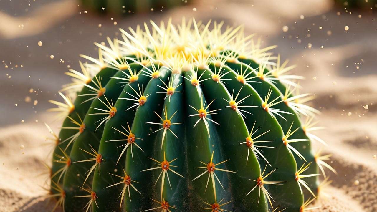 Close-up of a healthy barrel cactus with vibrant green skin and yellow spines, symbolizing the benefits of proper cactus plant food. 