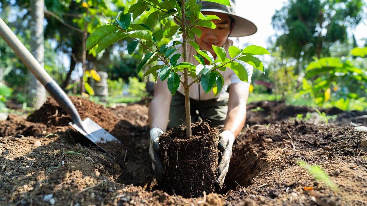 Gardener planting a young lychee nut tree in rich soil under sunlight. 