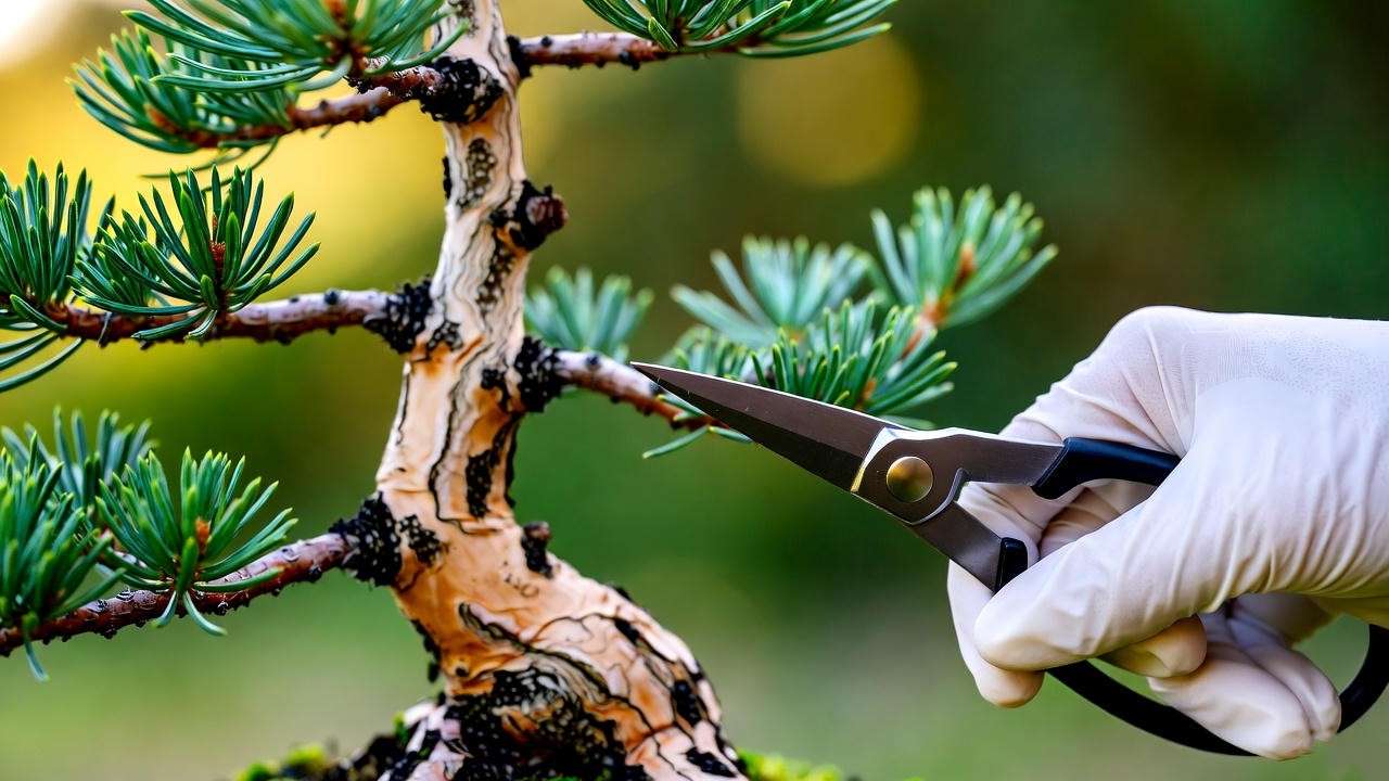 Close-up of a red wood bonsai tree being pruned with bonsai shears, showcasing vibrant bark and green needles.