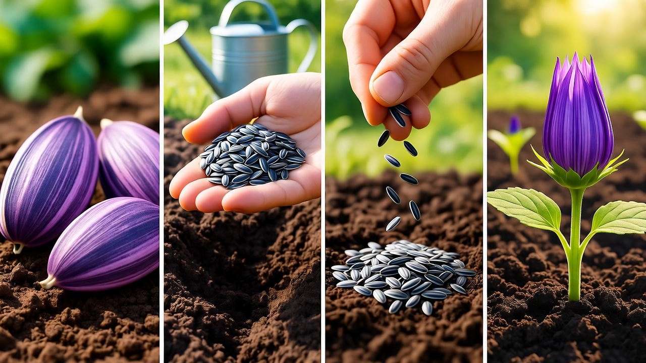"Step-by-step planting of purple sunflower seeds with watering can and sprouts."