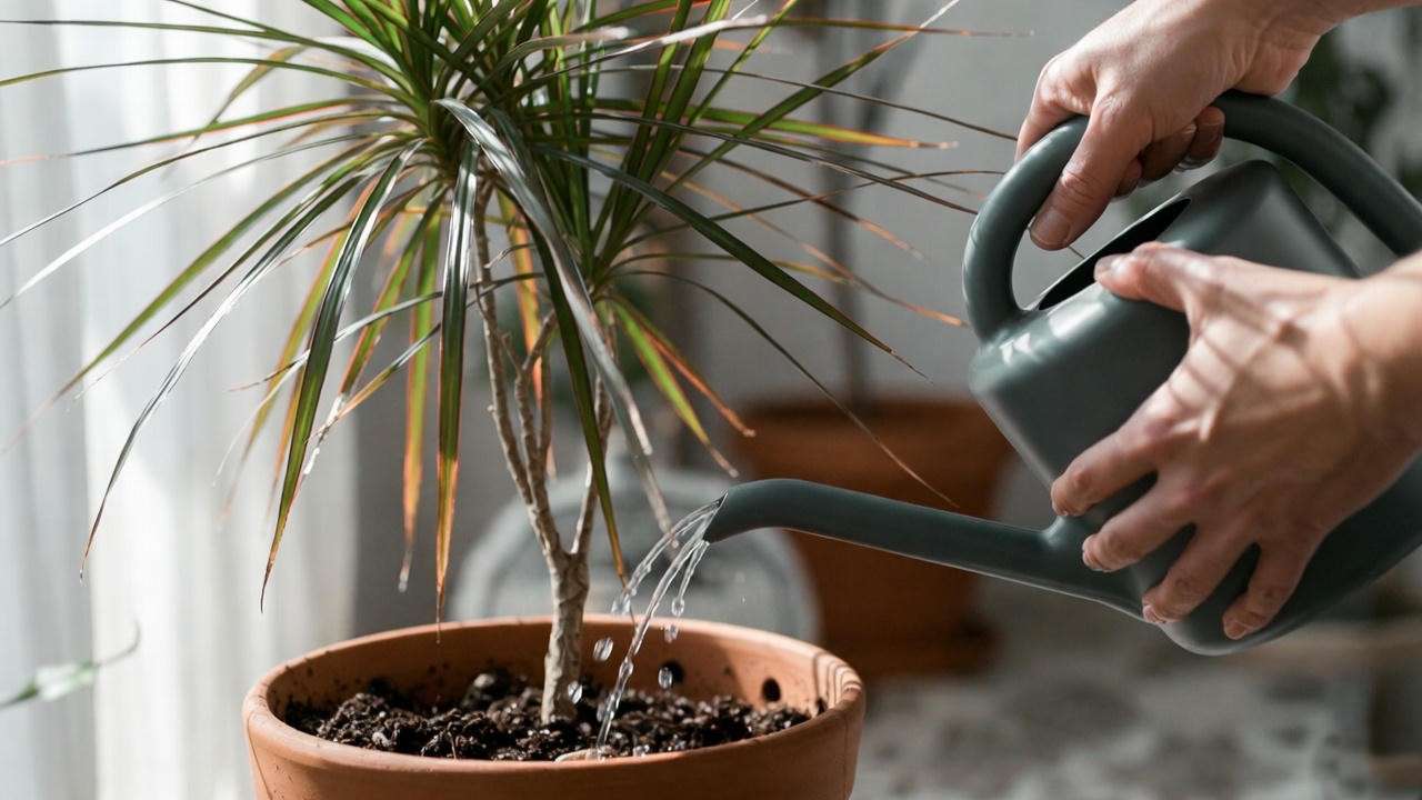 Close-up of hands watering an indoor Dracaena plant in a terracotta pot, highlighting proper care with well-draining soil.
