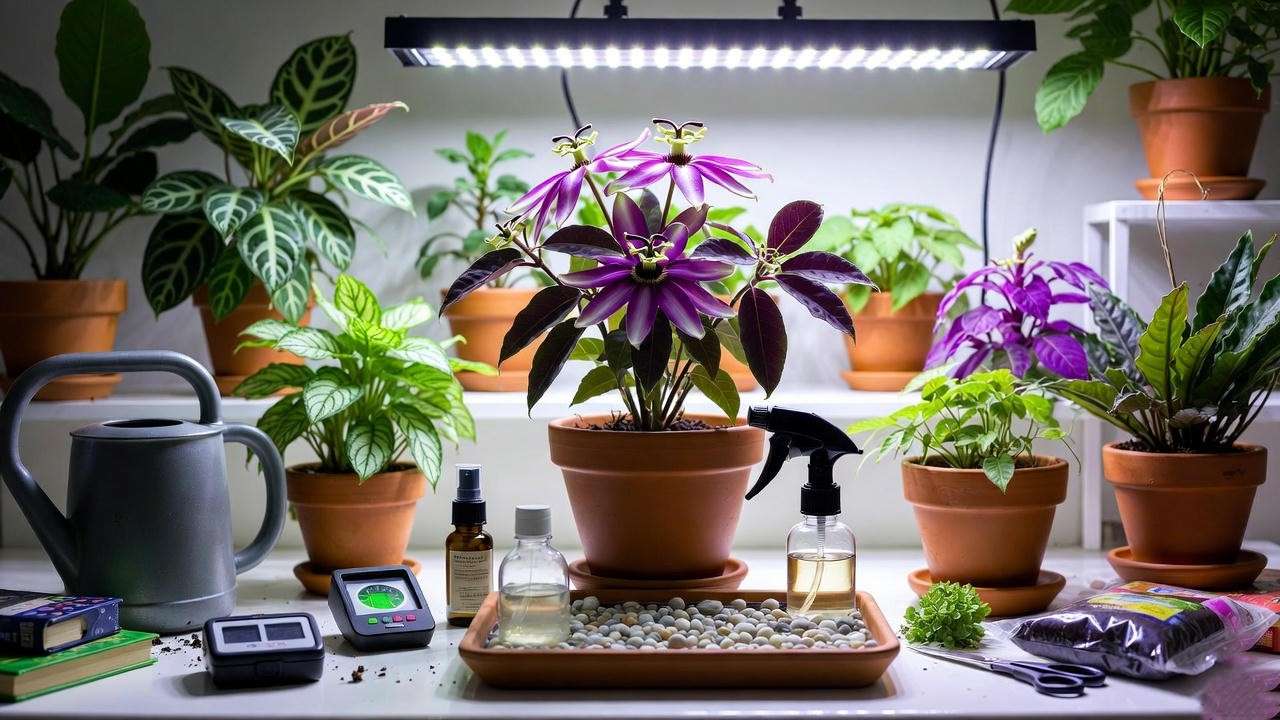 Plant care station with a Purple Passion Plant, watering can, moisture meter, spray bottle, and pebble tray under a grow light for coloured indoor plants.