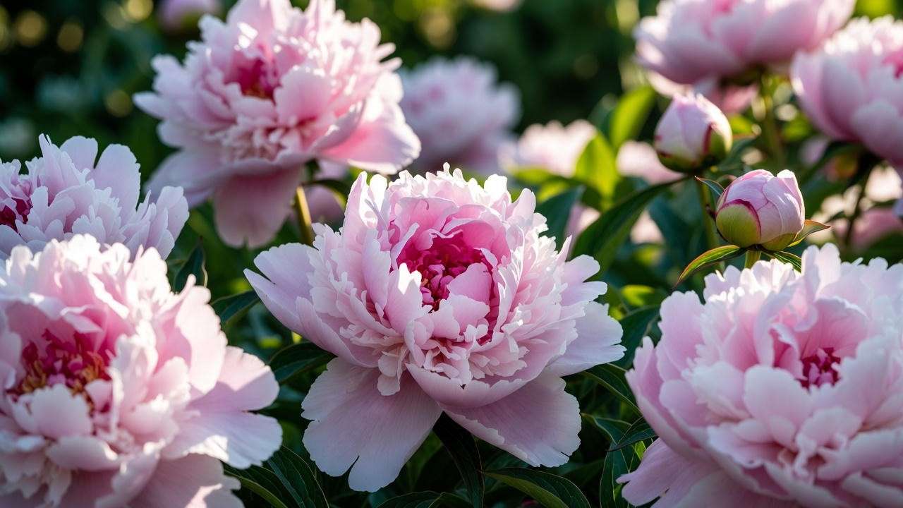 Close-up of pale pink peony flowers with lush green foliage in a garden setting.