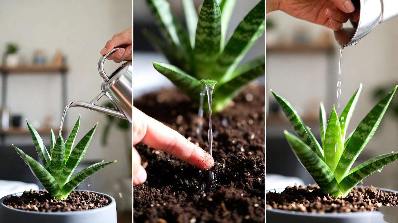 "Step-by-step watering of a starfish snake plant with finger soil test"
