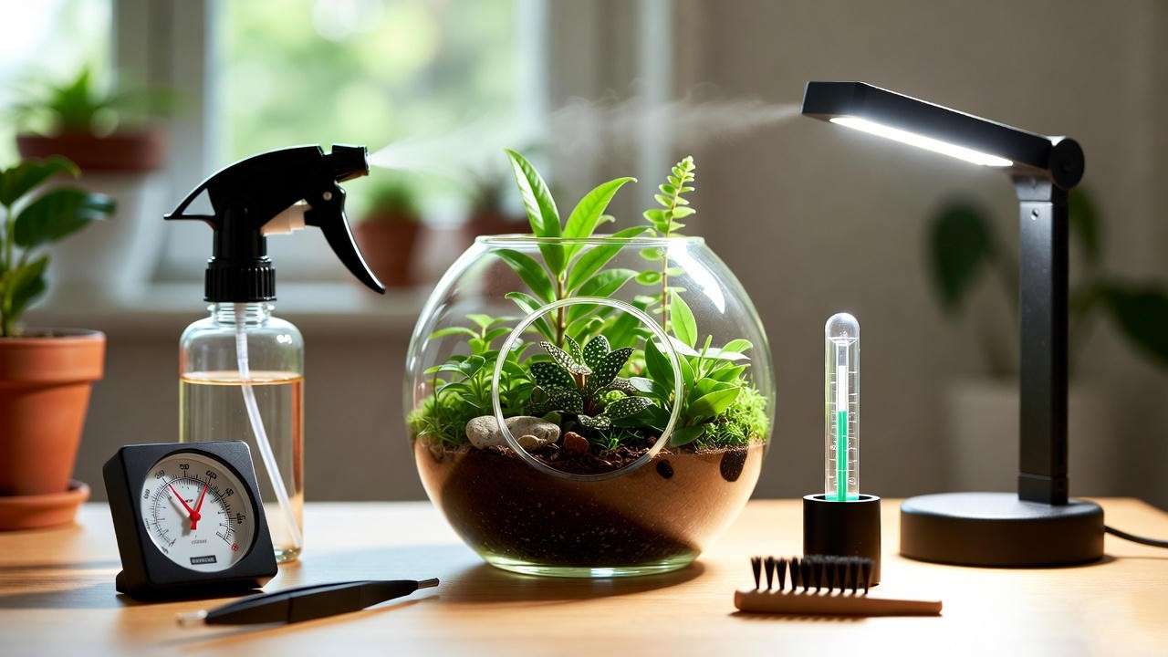 Terrarium care setup with a glass terrarium containing small terrarium plants, a spray bottle, hygrometer, and LED grow light on a wooden table.
