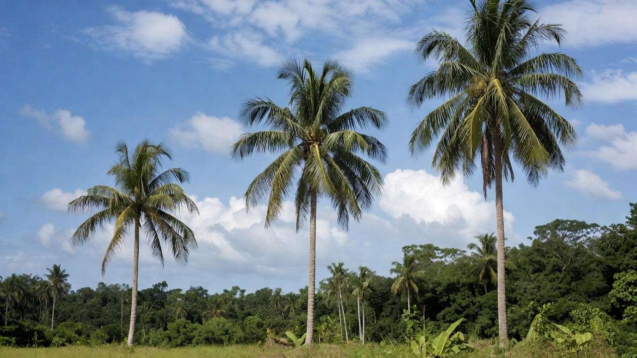 Different coconut tree varieties—dwarf and tall—displayed side by side in a tropical setting.
