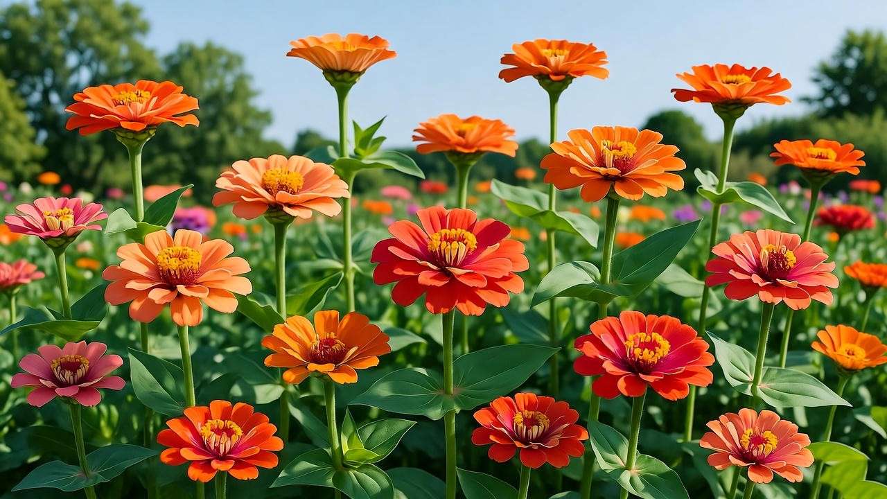Vibrant orange zinnia flowers in a garden bed, showcasing a mix of tall and dwarf varieties in full bloom.