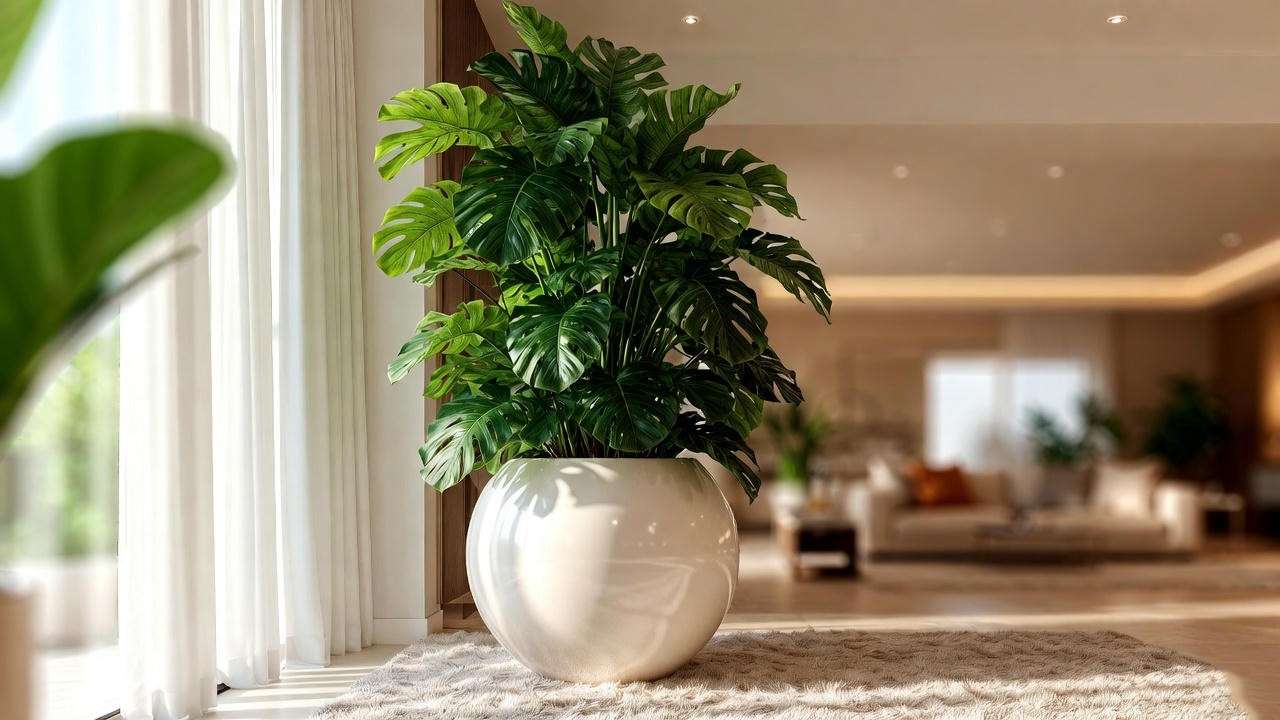 Glossy white sphere planter with a monster in a sunlit modern living room corner. 