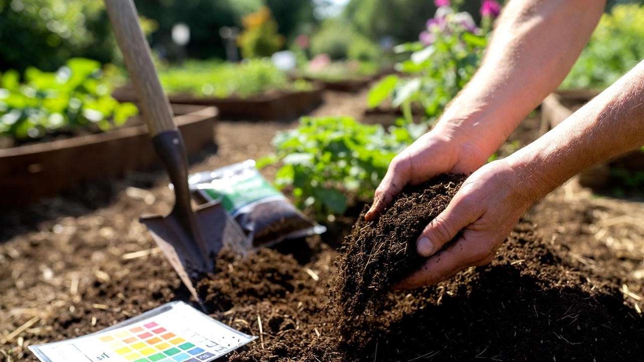 Gardener preparing soil with compost for planting fall garlic, showing rich soil and tools in a sunny garden bed.
