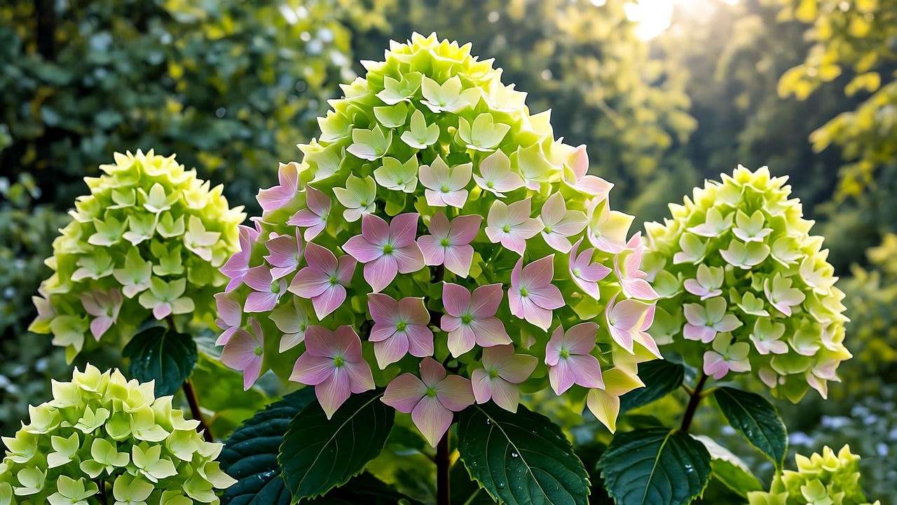 Limelight hydrangea cone-shaped blooms transitioning from lime to pink in autumn
