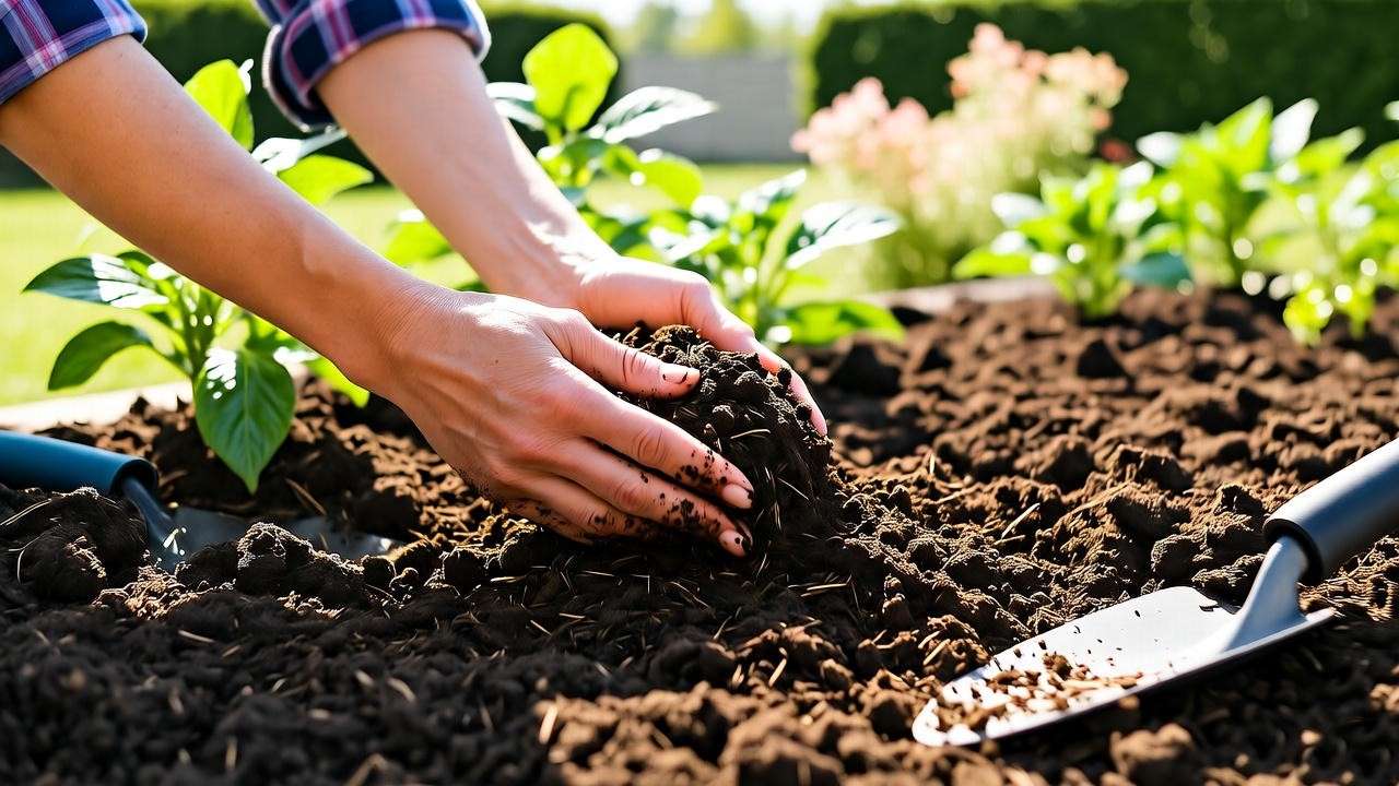 Gardener preparing rich, loamy soil with compost in a sunny garden bed, showcasing soil preparation for orange bell pepper plants.