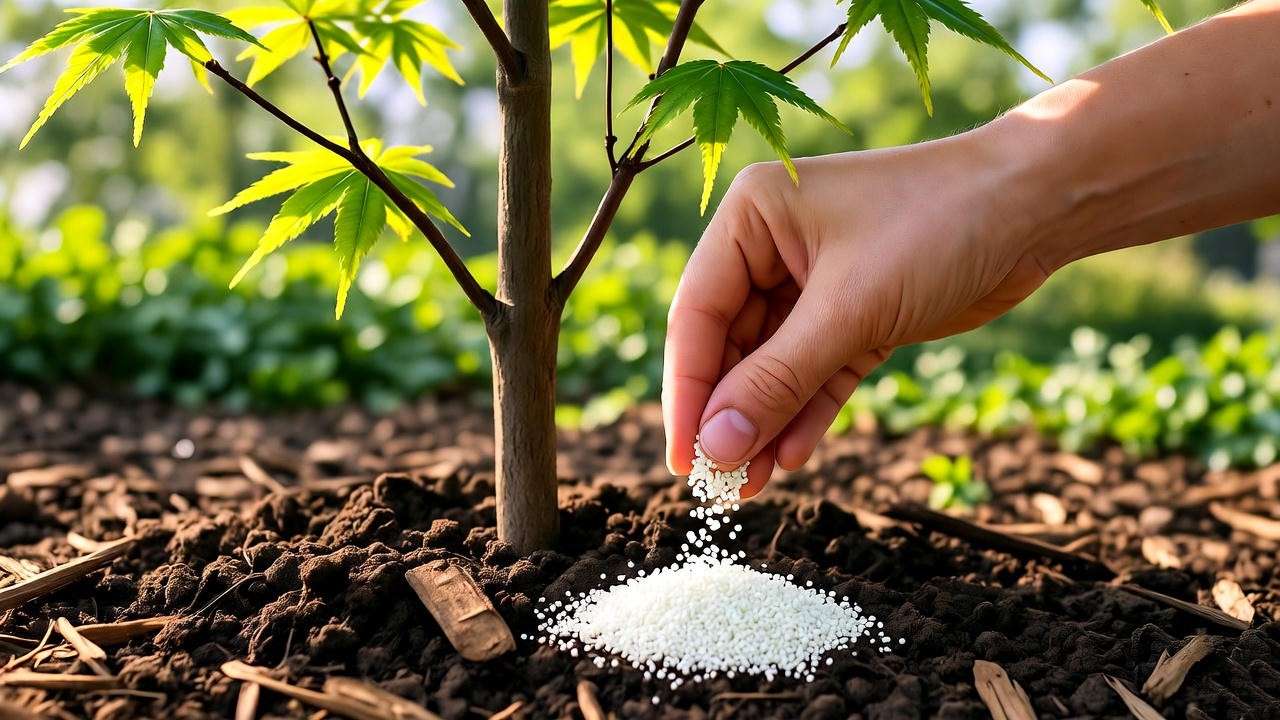 Gardener applying granular Japanese maple tree fertilizer around the base of a tree in a spring garden.