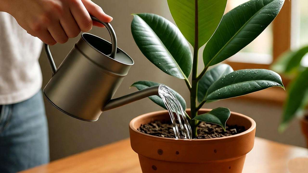 Hands watering an indoor rubber plant in a terracotta pot, showing proper care technique.