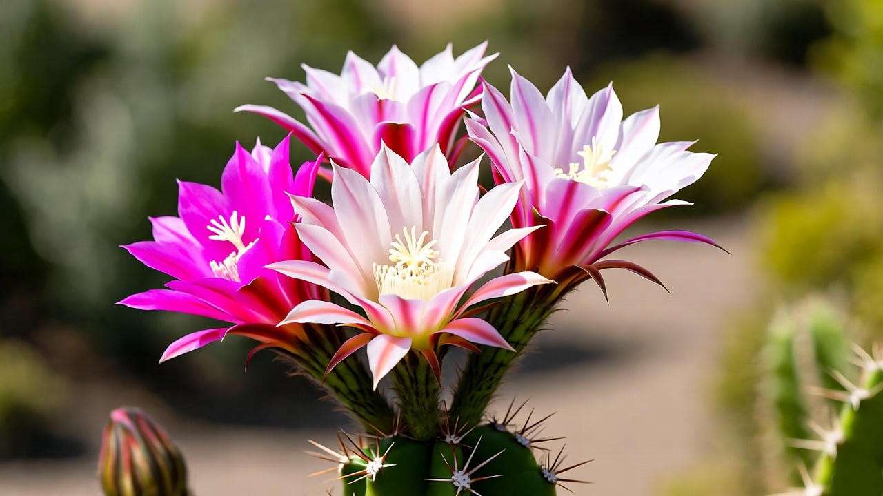 Vibrant Echinopsis cactus with pink and white blooms, showcasing the benefits of using cactus plant food for flowering. 
