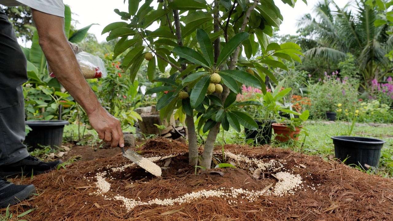 Gardener applying fertilizer to a lychee nut tree in a lush garden setting. 