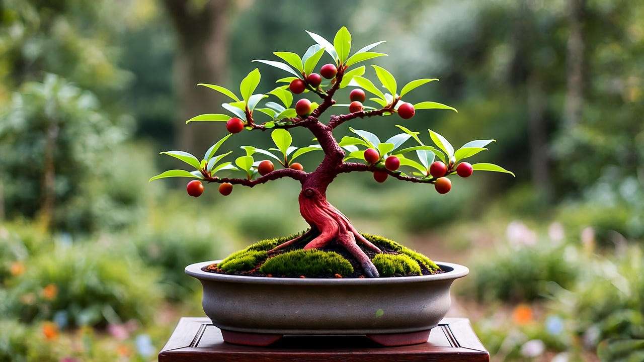 Red wood bonsai tree in a ceramic pot on a wooden stand with rocks and moss, highlighted by morning light.