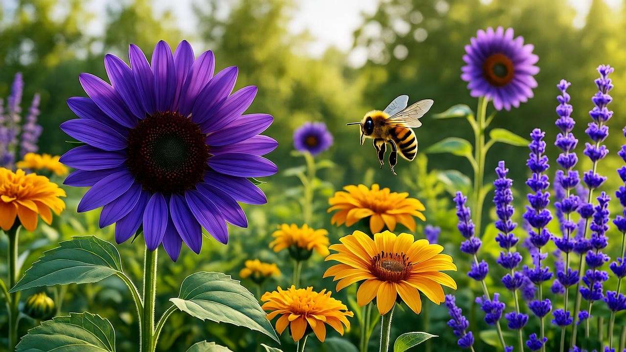 "Purple sunflowers with marigolds and lavender, bees pollinating in garden."