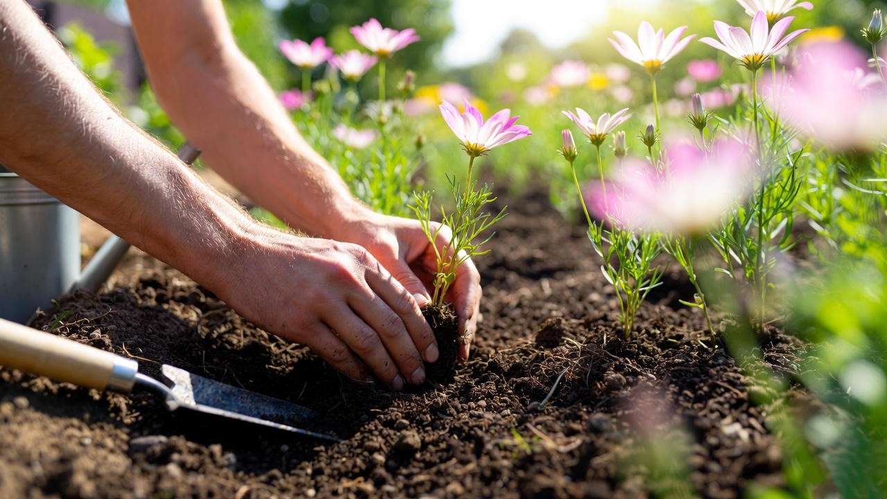 Gardener planting gloriosa daisy plants in fertile soil with a trowel and watering can in a sunny garden.