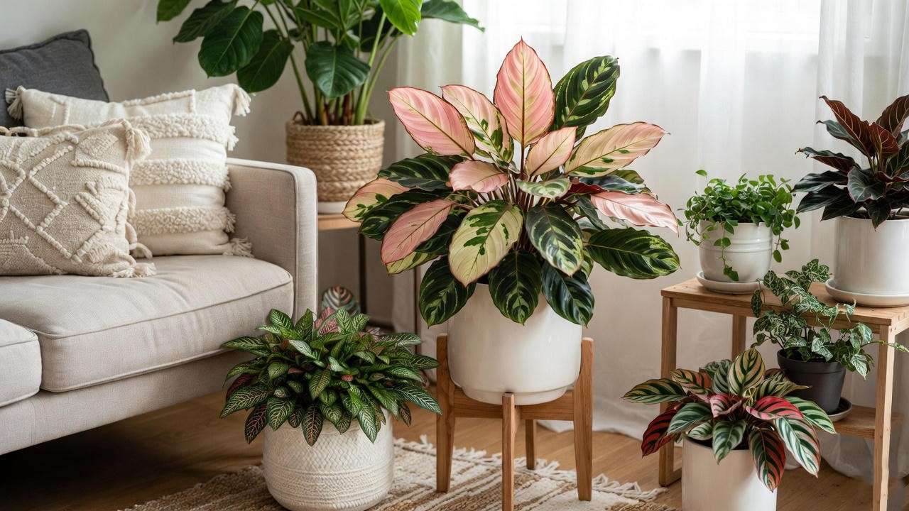 Boho-chic living room with a Stromanthe Triostar, Fittonia, and Peperomia Rosso in ceramic pots, styled as a vibrant coloured indoor plant display.