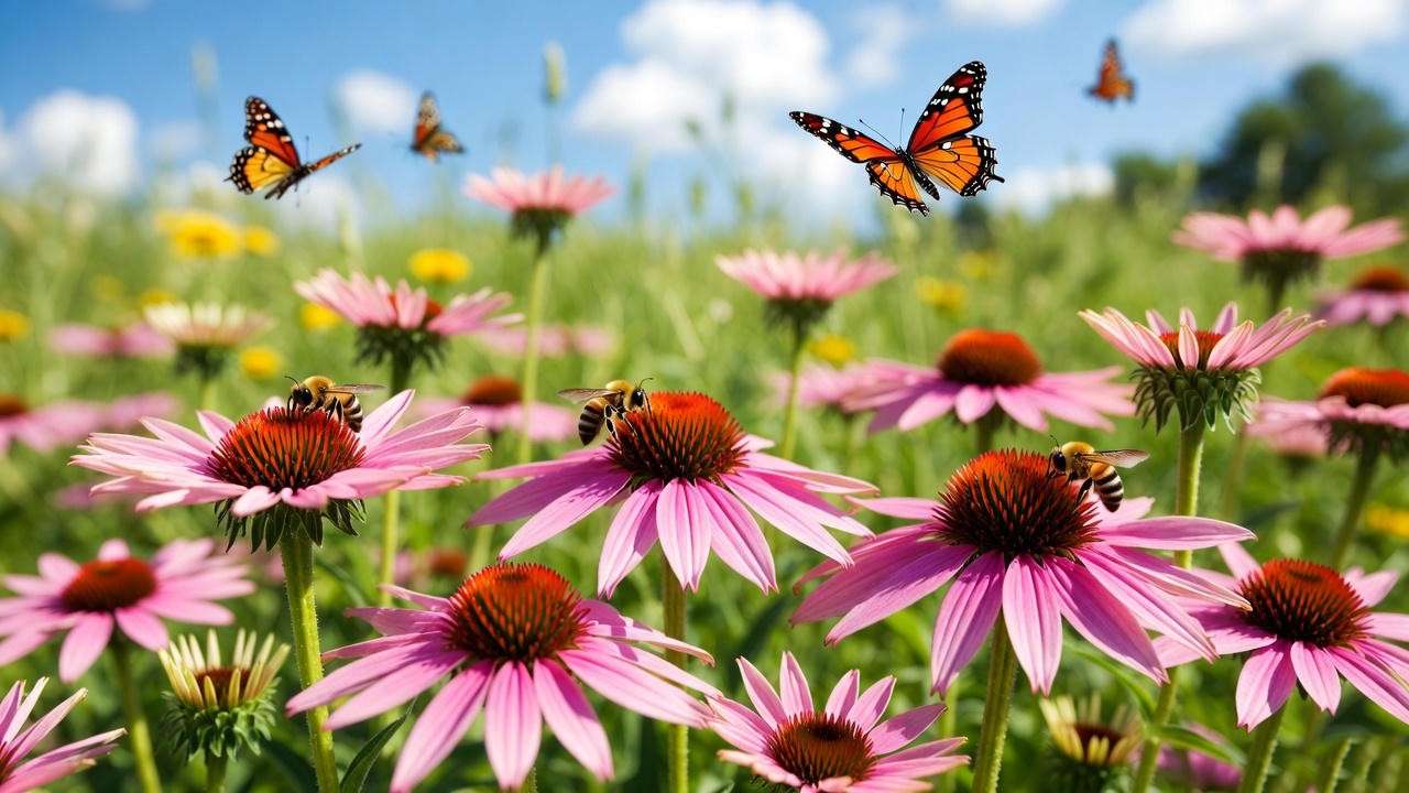 Pink coneflowers with bees and butterflies in a sunny, eco-friendly garden.