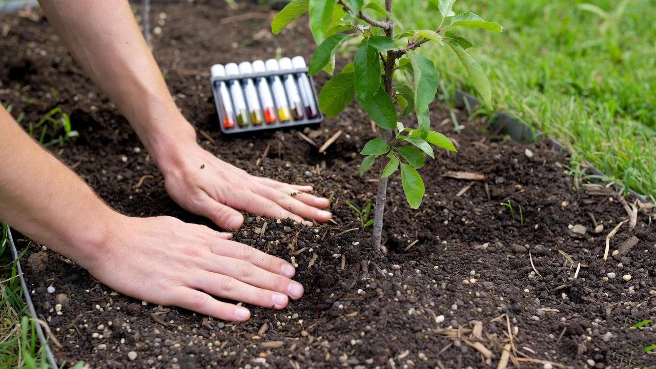  Gardener amending soil with compost and mulch around a green fruit tree, with a soil testing kit in a sunny garden setting.
