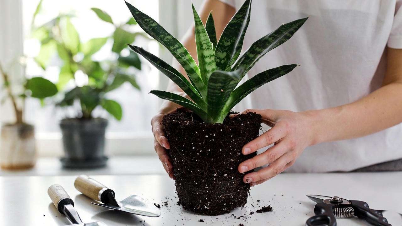 "Repotting a starfish snake plant with well-draining soil and perlite"

