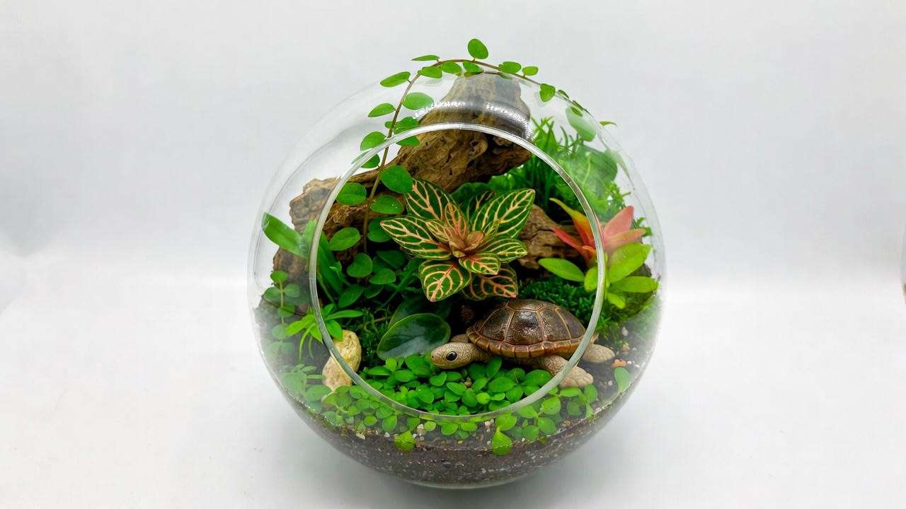  Glass terrarium with small terrarium plants like Cryptanthus and Peperomia prostrata, decorated with rocks, moss, and a turtle figurine.
